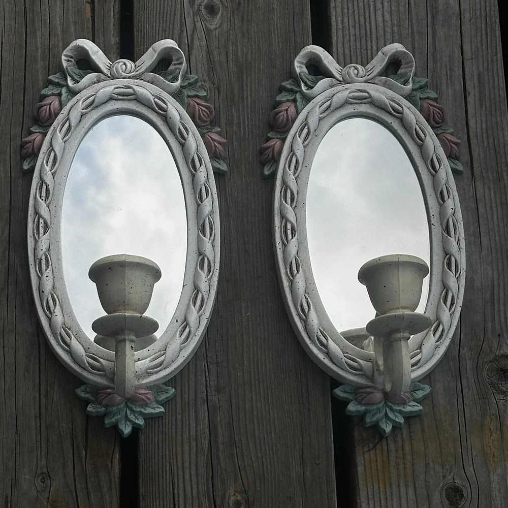 Vintage 2x white Wall Sconce‎ Candle Mirror White w/Pink Flowers Bows Coquette